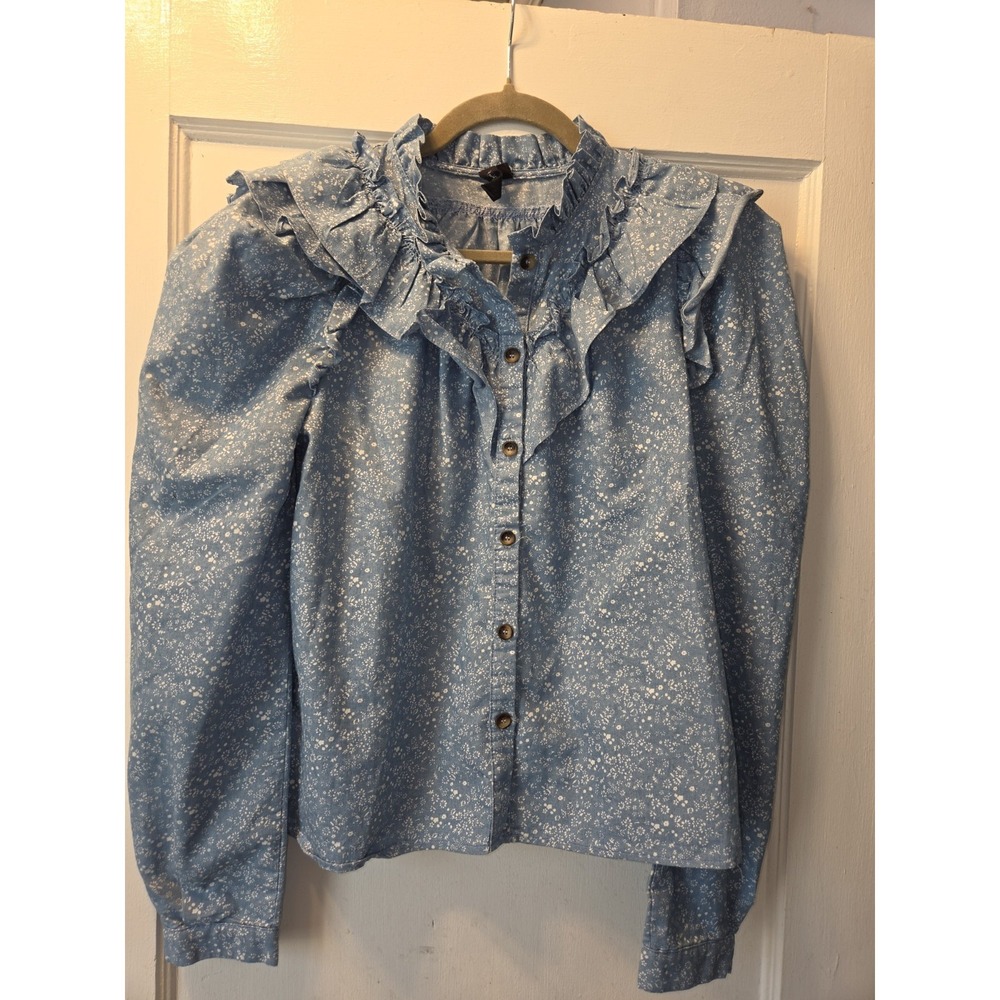 Bandit And The Babe Blue Ditsy Floral Ruffle Front Blouse. Small